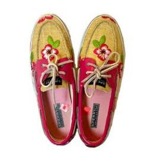 Sperry Topsider Women Floral Embroidered Straw Leather Boat Shoes Pink Beige 7.5